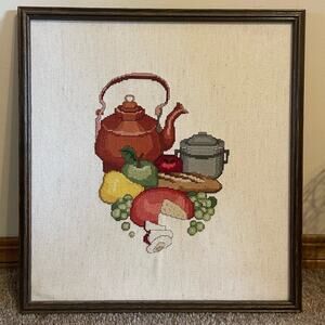 Vintage Veggie Food Needlepoint Cross Stitch Wall Hanging Framed